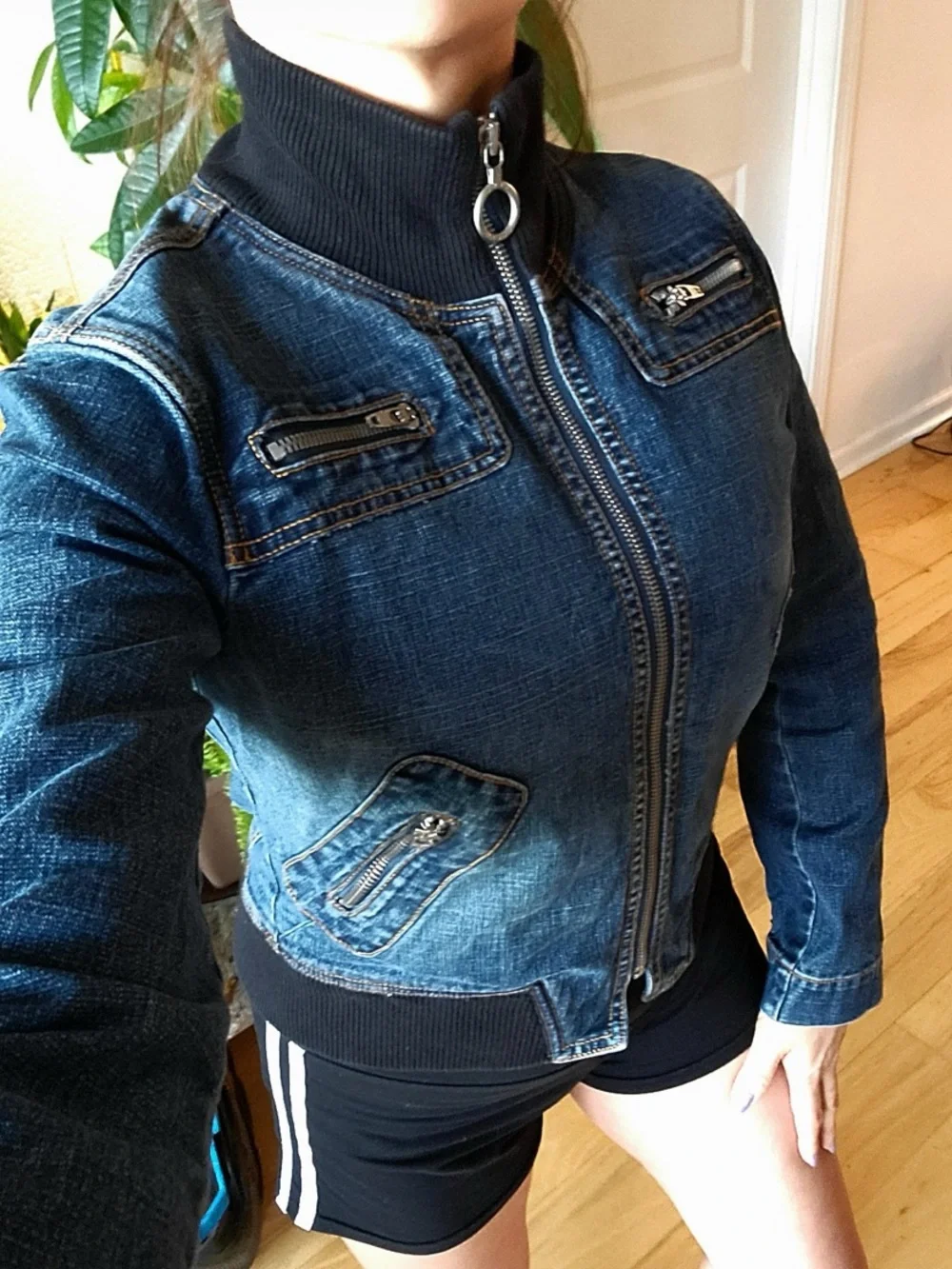 bebe Blue Denim Zip Jacket with black Rib Collar. Sz M
